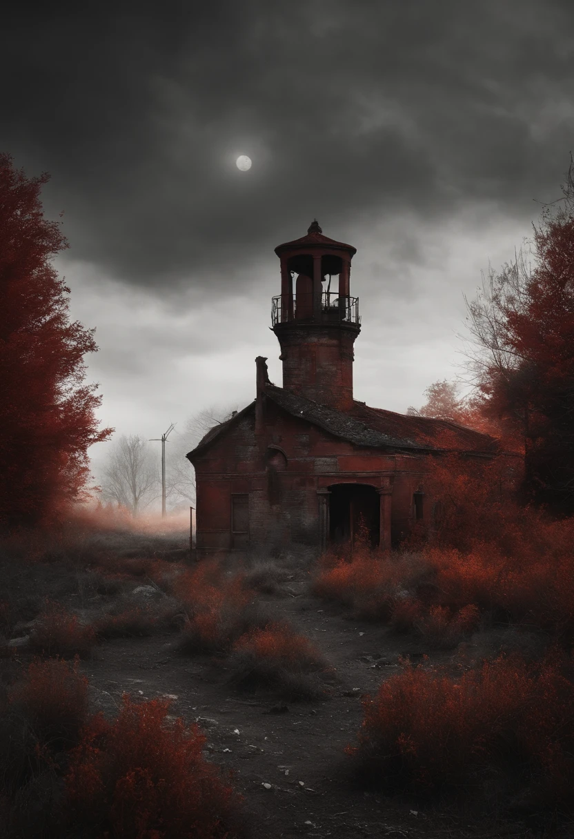 Post-apocalyptic war, tonos de color blanco, negro, Red and rust colors, sobrevivientes, vegetation, sombras, gloomy atmosphere, oscuridad, ((noche)), portada de un libro