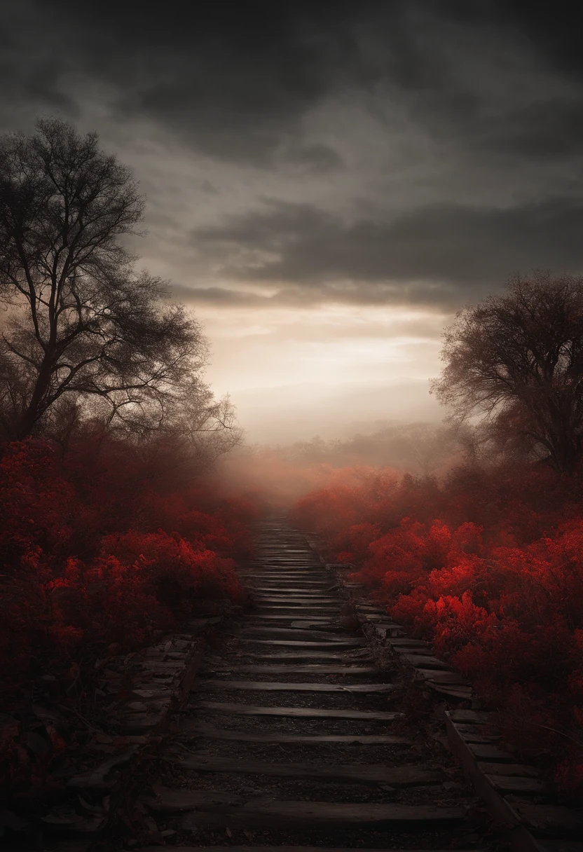 Post-apocalyptic war, tonos de color blanco, negro, Red and rust colors, sobrevivientes, vegetation, sombras, gloomy atmosphere, oscuridad, ((noche)), portada de un libro