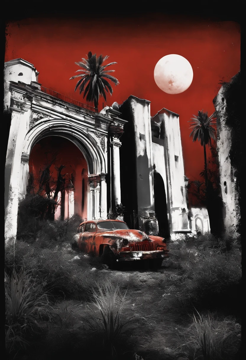Post-apocalyptic war, tonos de color blanco, negro, Red and rust colors, sobrevivientes, vegetation, sombras, gloomy atmosphere, oscuridad, ((noche))