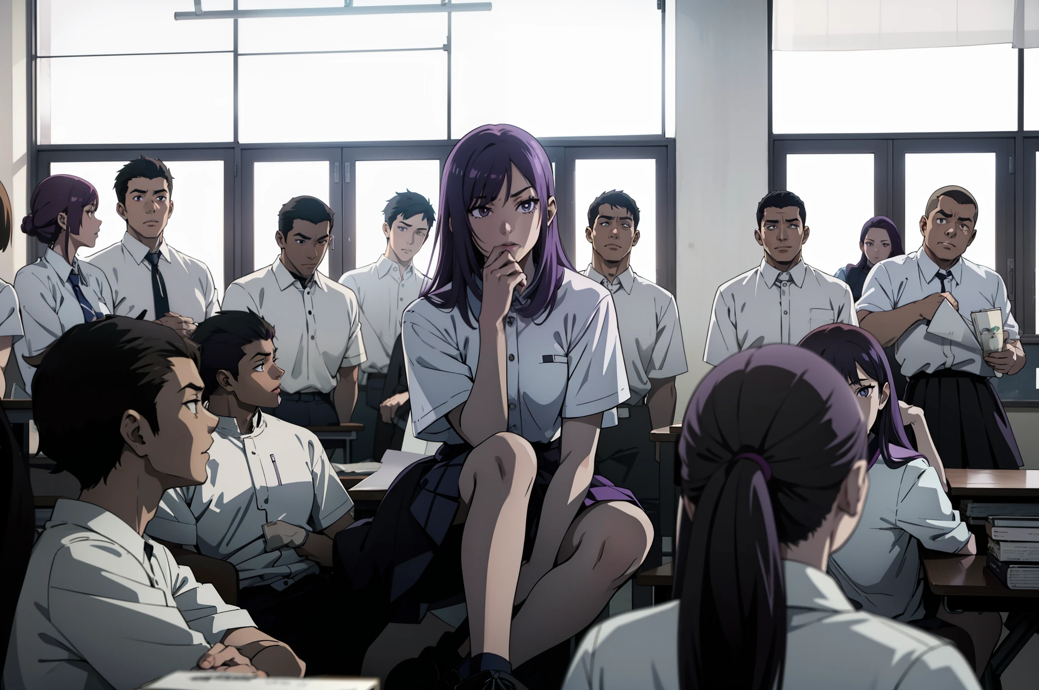 Anime scene, 1girl purple hair highschool girl sitting in the classroom