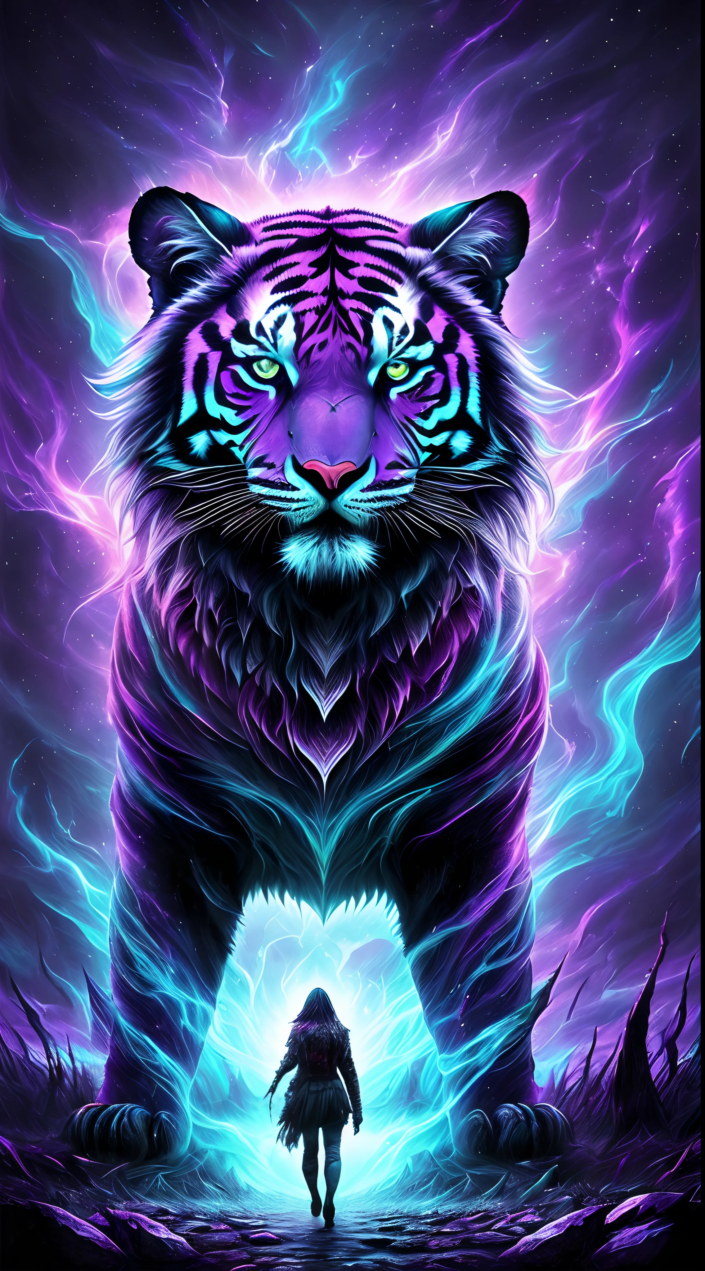 (astral tiger,chaotic atmosphere,dark surrealism,psychedelic colors,melting landscape,glowing eyes,ethereal creature,majestic,powerful presence,flickering shadows,otherworldly,hidden realms,dreamlike,nightmarish,dramatic lighting,mysterious,astral projection,illusory world,surreal landscapes,vibrant,cosmic energy)
