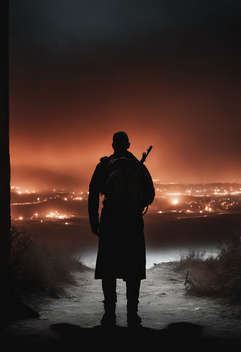 Post-apocalyptic war, tonos de color blanco, negro, Red and rust colors, sobrevivientes, vegetation, sombras, gloomy atmosphere, oscuridad, ((noche)), portada de un libro