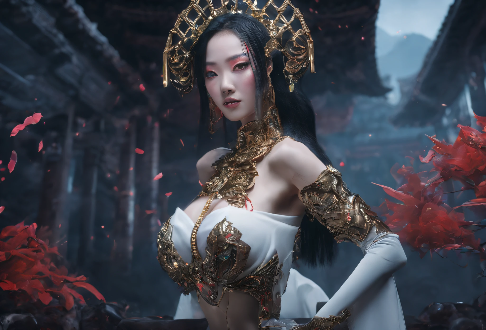 arafed woman in a white dress with a gold headpiece and red feathers, a beautiful fantasy empress, chengwei pan on artstation, unreal engine render + a goddess, extremely detailed goddess shot, cinematic goddess body shot, 3 d render character art 8 k, cinematic goddess shot, trending on cgstation, 4 k detail fantasy, cinematic goddess close shot