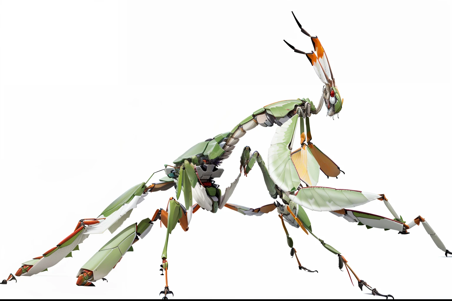 Close up of praying mantis isolated on white background, Features of the praying mantis, anthropomorphic praying mantis, mantis, Locustropic stick insect, insectoid, Alien in the form of a praying mantis, Giant insects, Predatory praying mantis, Weta, insects, praying mantis, Strange giant insects, A hyper-realistic, Full of insect robots