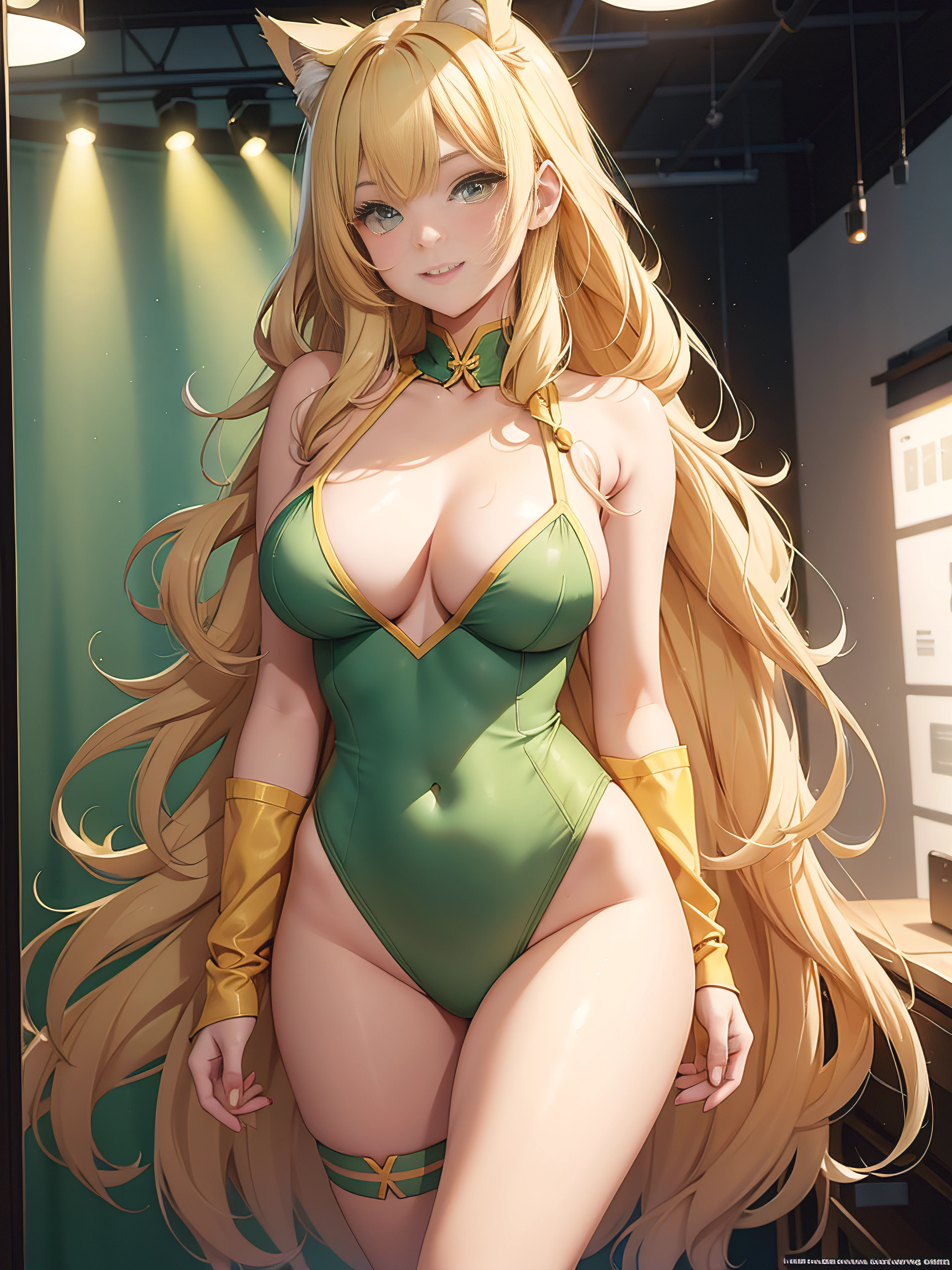a girl, blond hair, green eyes, long-haired, Yellow Cat Ear Girl, Dawn Hair, Cute Smiling Girl, Age 18, Perfect breast size, red cheeks, Wearing a mannequin costume, Magazine Photography, Beautiful lighting., In Studio, Model Photography, Walking Model, On stage