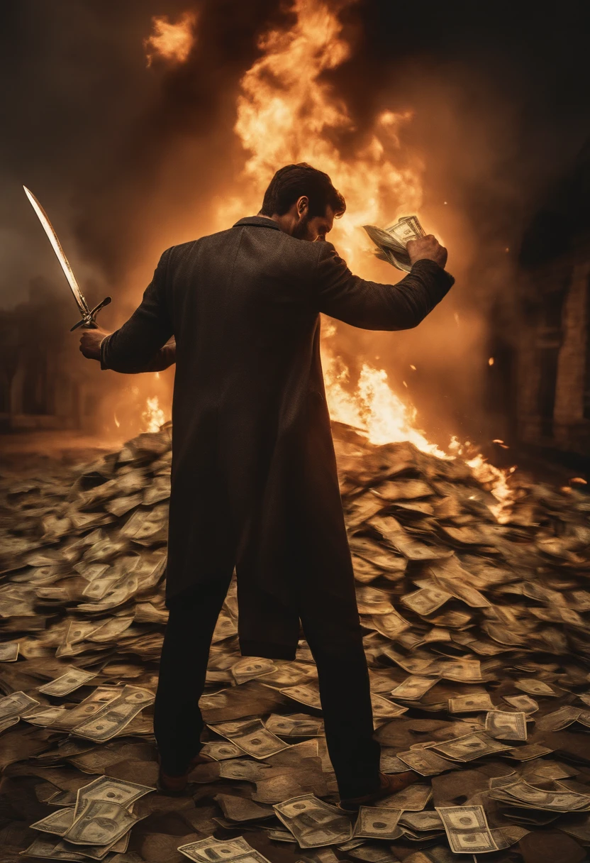 man fighting against money,paper money burning,broken piggy bank,man tearing up money,wallet on fire,man holding a sword,money raining down,money monster,man standing tall,banknotes in flames,(best quality,ultra-detailed),determined expression,body covered in sweat,stubble,ripped clothes,battlescars,serious tone,thunderstorm backdrop,contrast lighting,shadowy atmosphere,gritty and dark artwork,dramatic composition,vivid colors