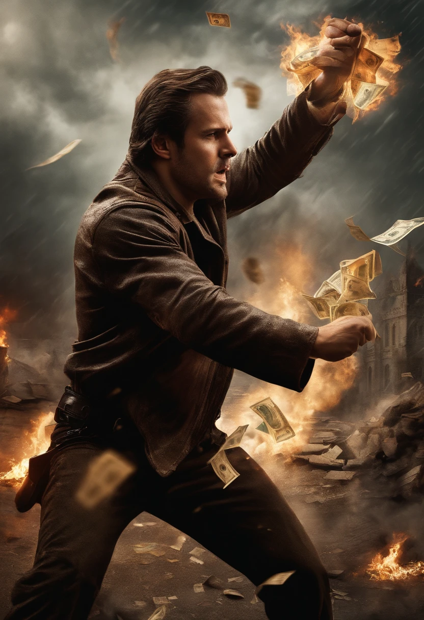 man fighting against money,paper money burning,broken piggy bank,man tearing up money,wallet on fire,man holding a sword,money raining down,money monster,man standing tall,banknotes in flames,(best quality,ultra-detailed),determined expression,body covered in sweat,stubble,ripped clothes,battlescars,serious tone,thunderstorm backdrop,contrast lighting,shadowy atmosphere,gritty and dark artwork,dramatic composition,vivid colors
