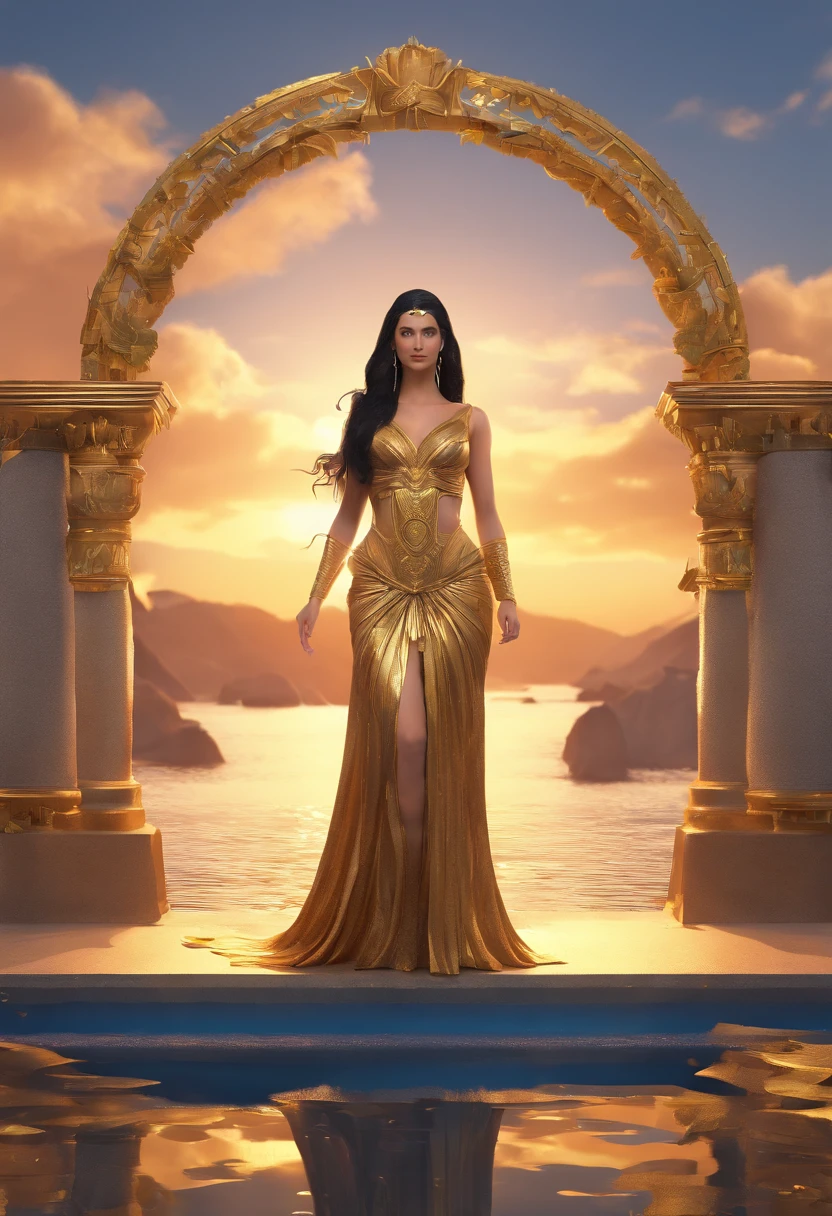 The first goddess in Greek mythology, a stunningly beautiful woman with long black hair, blue eyes, a character intertwined with nature, evening, sunset, the magnificent golden throne from thousands of years ago