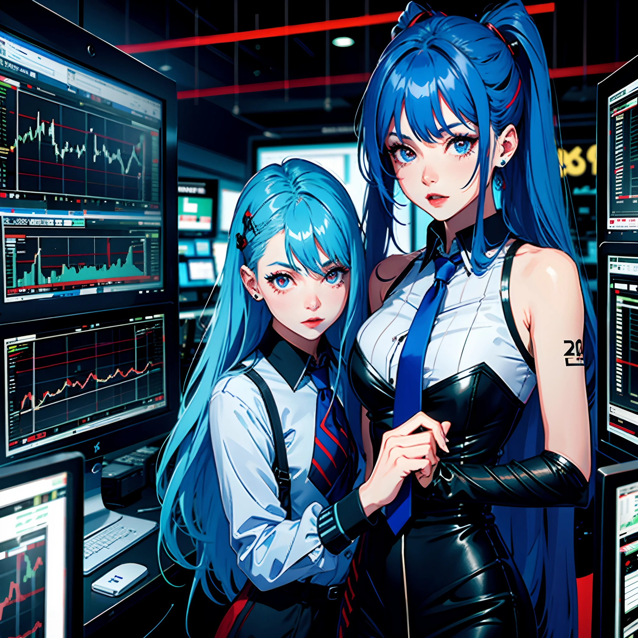 Girl with blue hair and red eyes trading stock charts in office