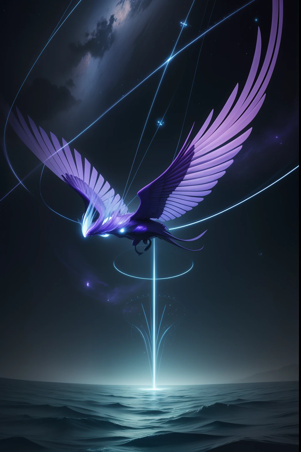 Crie uma imagem de fantasia ao seguir o seguinte texto descritivo: The Aerites are humanoid animals that possess a unique ability to manipulate the ethereal currents around them. Instead of flying like atmospheric beings, they are able to move and move through these purple currents of the Aether in a fluid and controlled manner. Through a combination of control and innate sensitivity to the subtleties of the Aether, Aerites can glide and navigate the ethereal space with elegance and precision.
They are exotic in trimming, e suas asas membranosas, em vez de ser usado para apoio em um sentido tradicional, are adapted to capture and direct ethereal currents. These currents are like rivers of energy flowing through the Aether, and the Aerites are able to use their wings to take advantage of these chains and move with grace and agility.
Em vez de bater asas para voar, os Aeritas realizam movimentos sutis e coordenados das asas, adjust its position and angle to interact with ethereal currents, in order to increase or change its direction. They are able to perceive the different speeds and intensities of the currents, permitindo-lhes navegar habilmente pelo Ether.
Essa forma de voo peculiar dos Aeritas lhes confere uma liberdade de movimento sem igual no Ether. They can travel in any direction, deslizando lateralmente, rising or falling in the ethereal currents as they wish. This ability to move fluidly and the ability to harness the energy currents of the Aether are central features of your evolutionary adaptation to the unique environment of your world.