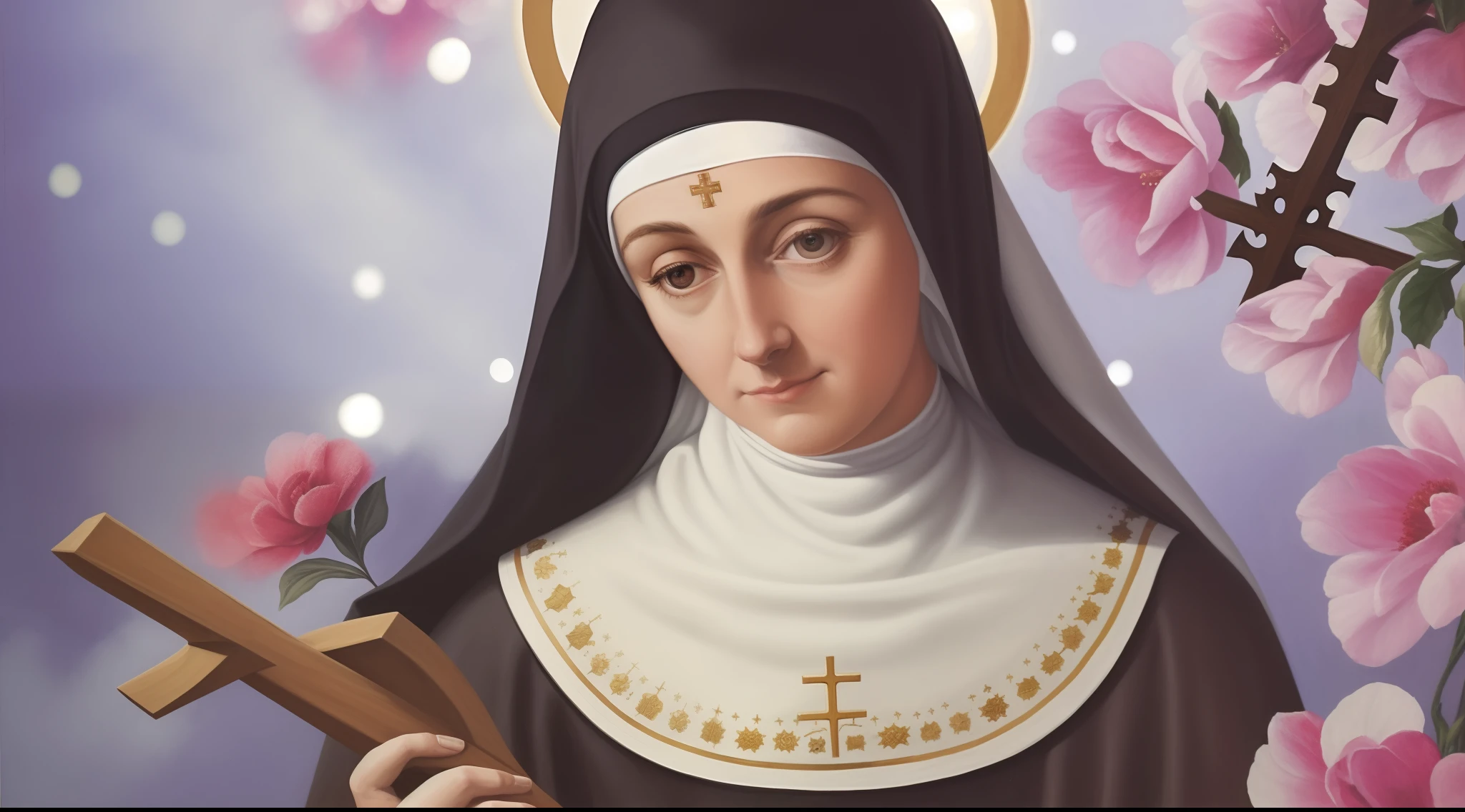Painting of a nun holding a cross and a cross in her hands, majestosa mulher de santo, padroeiro do 🛸🌈👩🏾, santa mulher, Retrato de Hildegard von Bingen, christian saint, agora, inspired by Thomas Aquinas Daly, santo, santas mulheres, christian saint rosace, Retrato gracioso santo, Directed by: Thomas Aquinas Daly, Santo ortodoxo