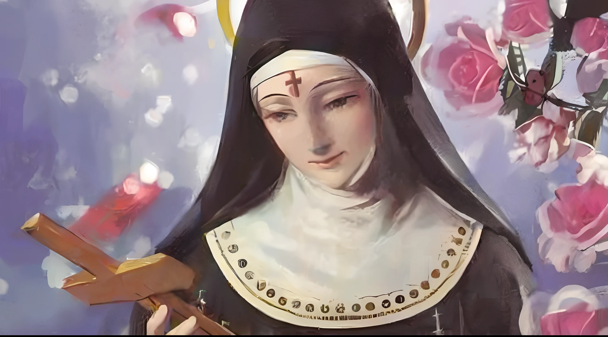 Painting of a nun holding a cross and a cross in her hands, majestosa mulher de santo, padroeiro do 🛸🌈👩🏾, santa mulher, Retrato de Hildegard von Bingen, christian saint, agora, inspired by Thomas Aquinas Daly, santo, santas mulheres, christian saint rosace, Retrato gracioso santo, Directed by: Thomas Aquinas Daly, Santo ortodoxo