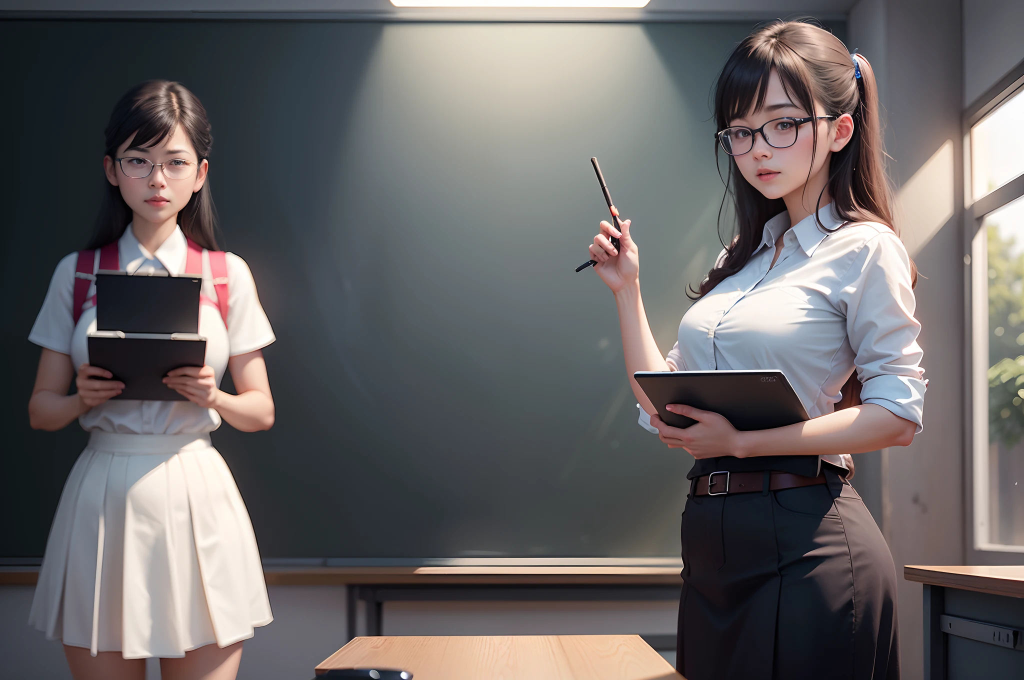 1. The teacher stands on the podium and gives a lecture to the students,Classroom,blackboards,Happy Teacher's Day,fresh flowers,cinmatic lighting,depth of fields, lens flare glow,8K, RAW photos, sportrait, best qualtiy, 超高分辨率, realisticlying,