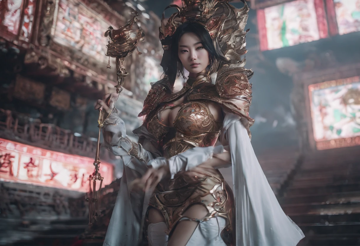Fengshen Bang,tmasterpiece,ultra fine photos,,best qualtiy,超高分辨率,Photoreality,Chiaroscuro,(full-body portraits),stunningly beautiful,dynamicposes,delicated face,Bigchest,Murderous eyes,(seen from the side),She wears gold ancient Chinese armor,very highly detailed background,detailed face with,Detailed and complex busy background,untidy,opulent,milkyW,Highly detailed skin,Realistic details of skin,Visible Pore,tack sharp focus,volume fog,8k uhd,digital SLR camera,high qulity,filmgrain,White skin of the,photo-realism,lomography,The palace of the Yin Shang King in ancient China , look from down, semi transparent, gigantic breasts, showing cleavage, full body shot camera angle, lotus tattoo on forehead, sexy body: 1.4, Slim abdomen: 1.2, sitting on chair, gigantic deep cleavage, open shirt,