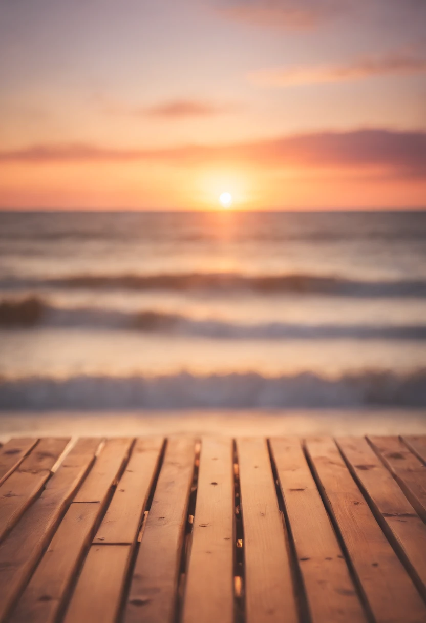 Ultra realistic image of a wonderful sunset seen from a beautiful wooden deck overlooking a wonderful beach