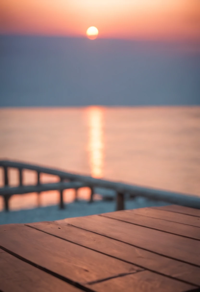 Ultra realistic image of a wonderful sunset seen from a beautiful wooden deck overlooking a wonderful beach