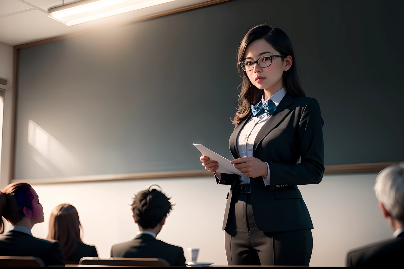 1. The teacher stands on the podium and gives a lecture to the students,Classroom,blackboards,Happy Teacher's Day,fresh flowers,cinmatic lighting,depth of fields, lens flare glow,8K, RAW photos, sportrait, best qualtiy, 超高分辨率, realisticlying,