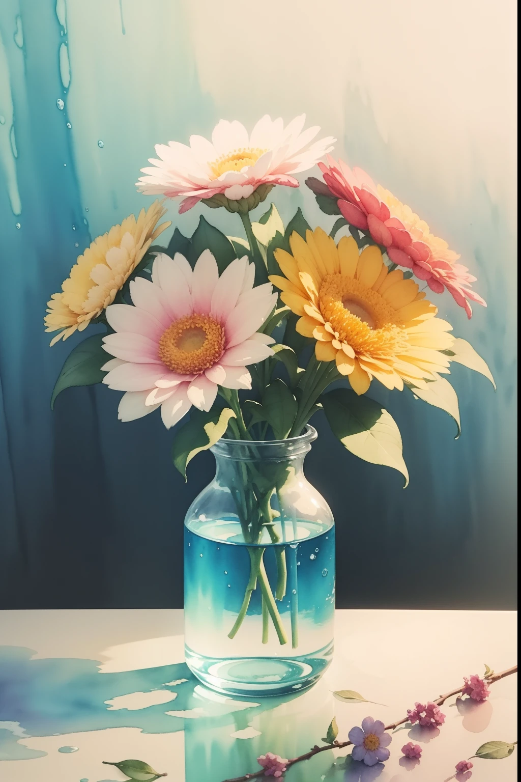 there is a picture of a picture of a bunch of flowers, a watercolor painting , ((water color)), water colour, watercolour painting, water color, water color painting, detailed watercolour, aquarel painting, aquarelle painting, watercolour, watercolored, color painting, muted water color