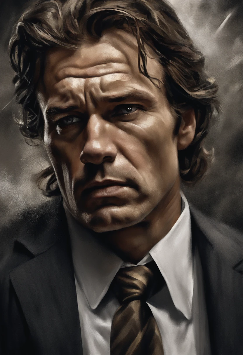 a man fighting against money, oil painting, harsh brushstrokes, dramatic lighting, intense expression, determined eyes, clenched fists, sweat dripping down his face, wrinkled suit, broken chains, crumbling dollar bills, crumbling stock market graph, smoke rising in the background, black and white with a touch of gold, realism. (best quality, highres, ultra-detailed), (realistic:1.37), professional, vivid colors.