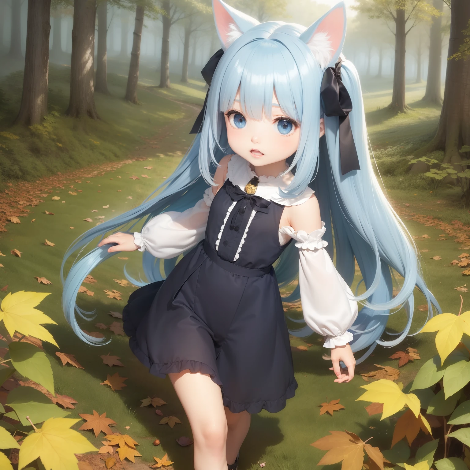 Cute and puppy Light blue long hair、Black eyes、Large in the center Stroll through the forest of autumn leaves Fairy tale background Fantasia