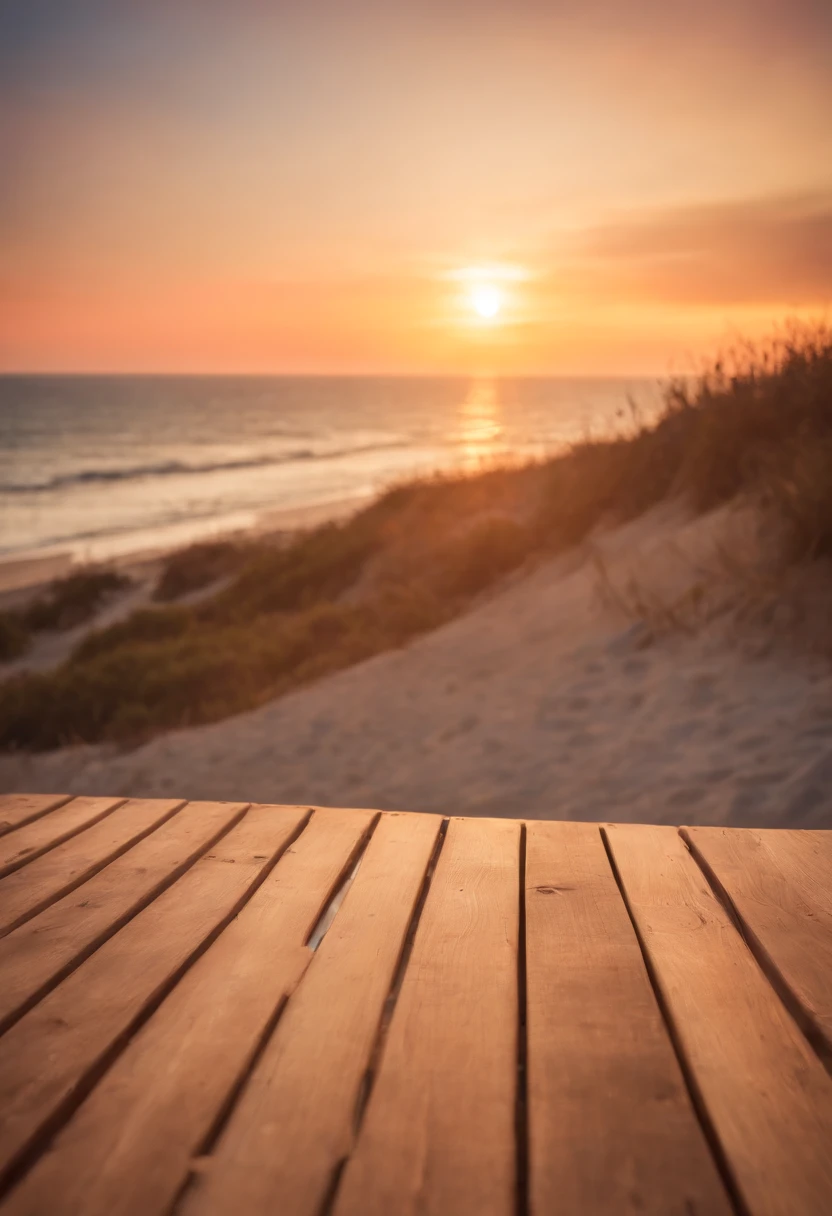 Ultra realistic image of a wonderful sunset seen from a beautiful wooden deck overlooking a wonderful beach
