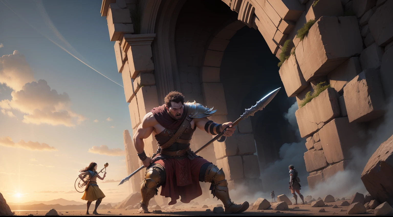 An illustration of David and Goliath in epic style, com cores vibrantes e impactantes, conveying emotion and inspiration