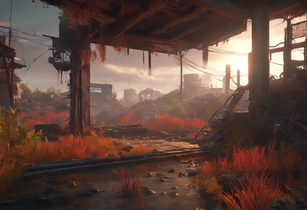 Post-apocalyptic war, tonos de color blanco, negro, Red and rust colors, sobrevivientes, vegetation, sombras, gloomy atmosphere, oscuridad, ((noche)), portada de un libro