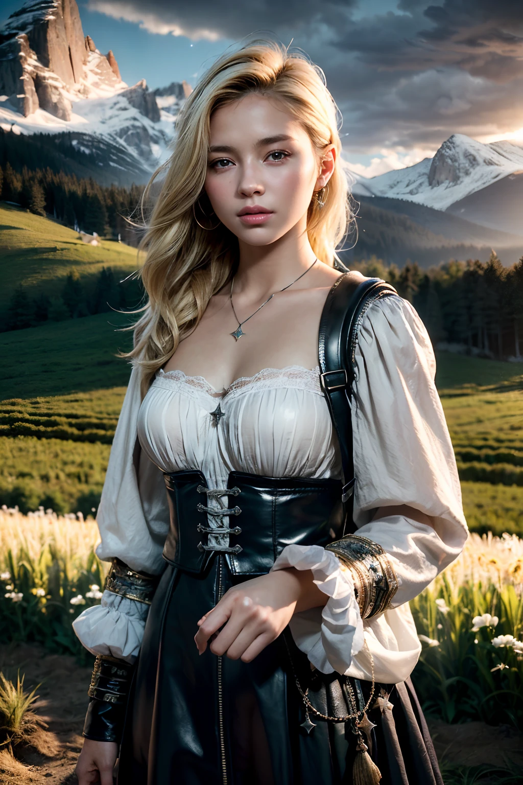 (realistic:1.3), finely detailed, quality, rembrandt lighting, (masterpiece:1.2), (photorealistic:1.2), (best quality), (detailed skin:1.3), (intricate details), dramatic, ray tracing, 1girl, white american girl, blonde hair, 21 years old, medium breasts, (Meadow, Sun, Clouds, Field, Farming, Starlight, Hiking trail)