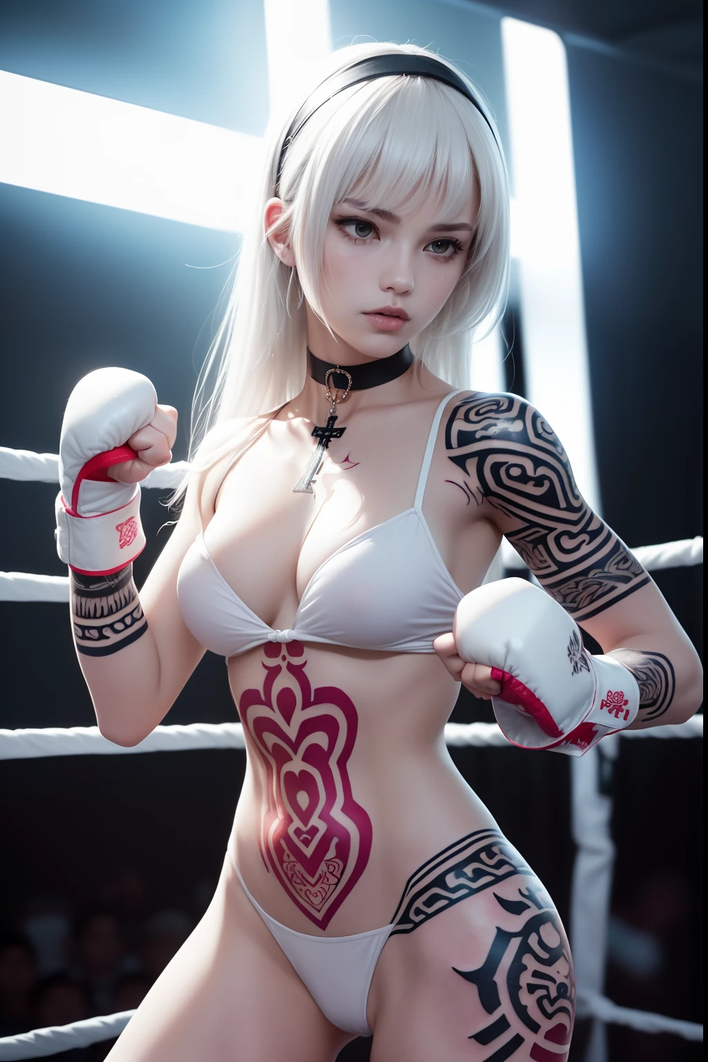 18year old, ((top-quality)), ((masterpiece)), (high-detail:1.3), (upper body), (((front view))), Beautiful face (angelic:1.3), ((woman wearing white micro biniki with silver reflective body suit)), ((choker)), ((sweatbands)), ((large crucifix worn around neck)), ((white leather boots)), ((white hairband)), (((a-cup breasts))), Slim waist, small buttocks, (Japanese beauty), superfine illustration, exaggerated hair, ((long white hair with bangs)), (no bra!), ((barechested!), boxing ring!, ((tribal tattoo:1.5)), (((cuts and grazes on skin))), ((fighting stance!)), ((fists held in front of body)), ((angelic face)), ((neon signs))