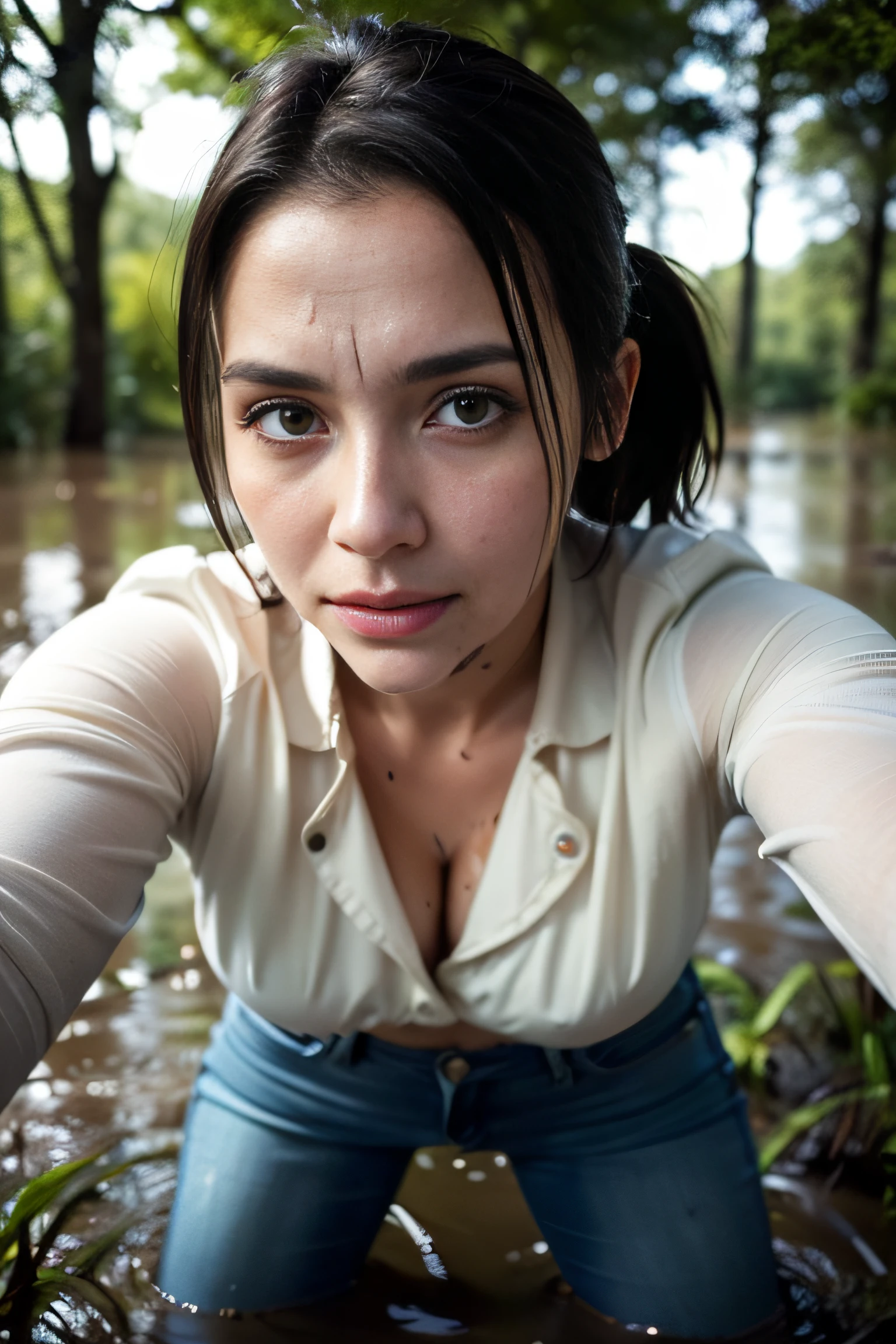 Tormented by lust, Woman in lust-soaked jeans, A tight blouse and leather jacket were caught off guard in the woods at night, indulging in his sexual fetish of drowning in a swamp. Lust causes her to drown in a swamp. Her face is haggard and dehydrated. There is pitch darkness all around, The light only comes from the camera's flash.

TAGS: night time, blurred background, (First-person selfie for Instagram:1.7), (Darkness around:1.6), (Light only from the camera:1.6). woods, The woman, (Tormented by lust:1.4), (In lust-soaked jeans), leather jacket, in blouse wearing, swamp, (drowning in a swamp), (Drowning in a muddy swamp up to his thighs:1.5), (Sexual fetish:1.3), (emaciated face:1.6), (dehydrated face:1.6), (swelling of the face:1.6), (Short hair gathered in a ponytail:1.2),