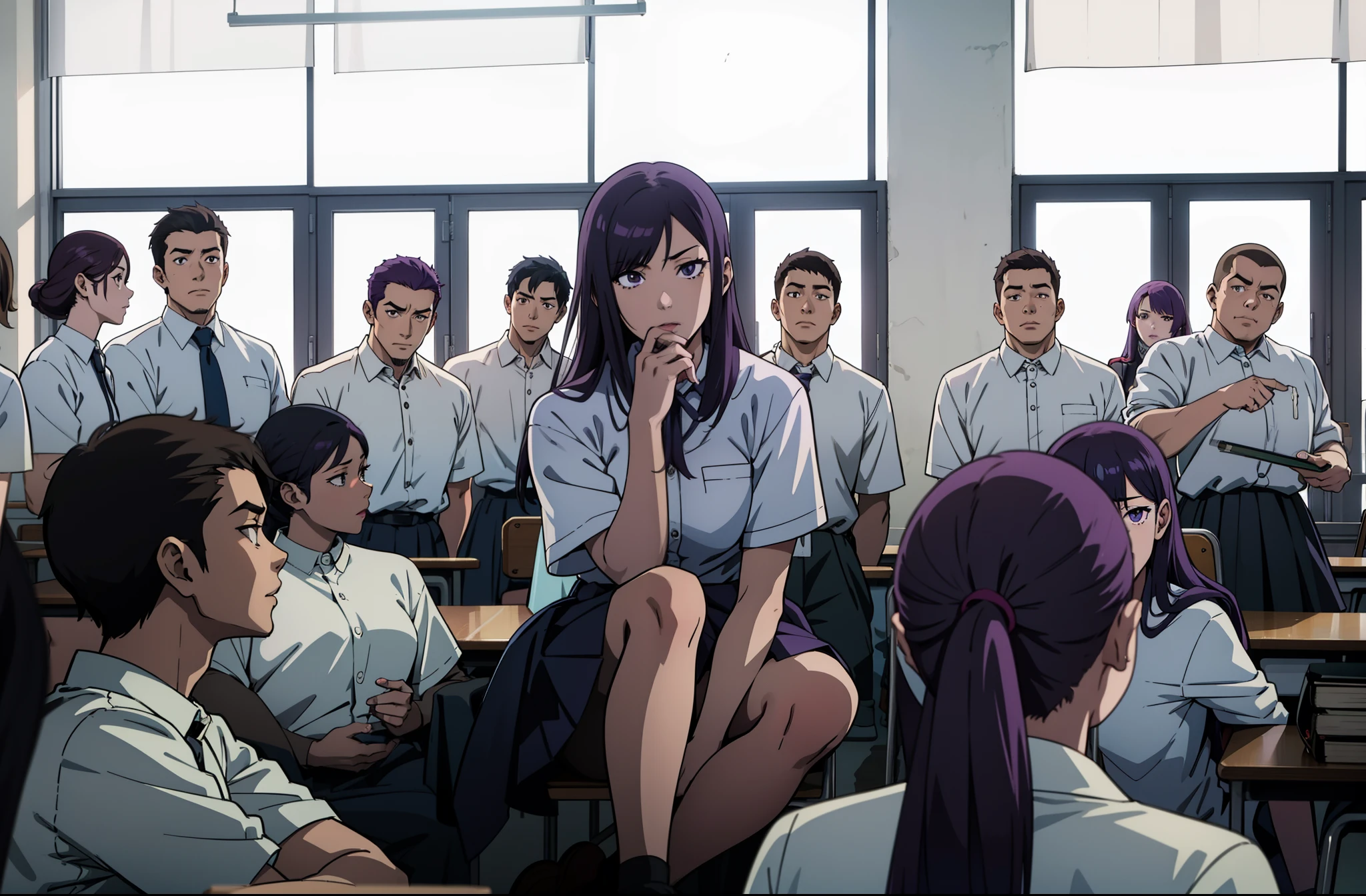 Anime scene, 1girl purple hair highschool girl sitting in the classroom