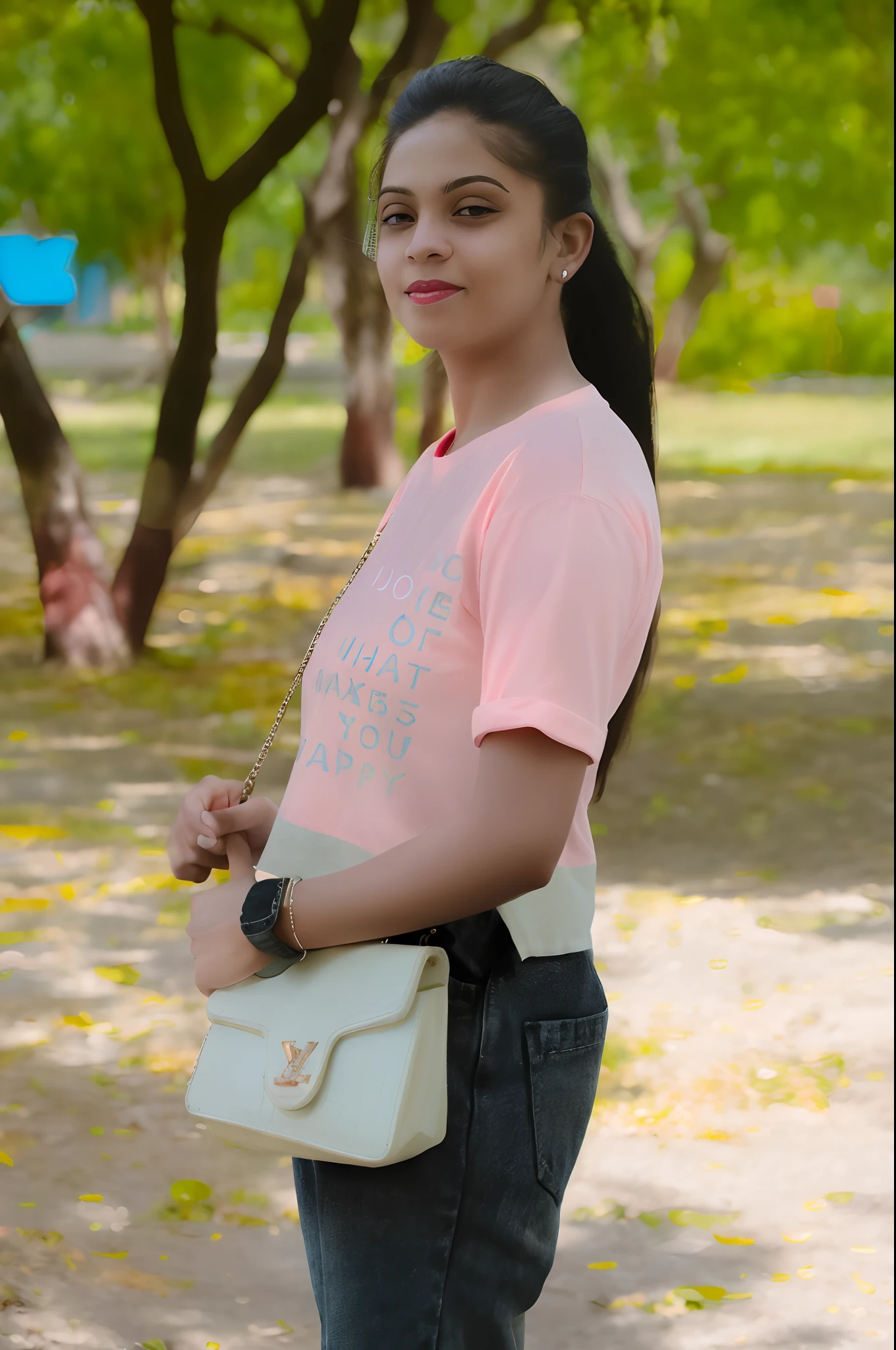 woman in pink shirt and jeans holding a white purse, taken with canon 8 0 d, casual photography, photo taken with canon 5d, in a park, shot on nikon z9, outfit photograph, with lovely look, taken with canon eos 5 d mark iv, taken with canon eos 5 d, candid picture, at a park, casual pose