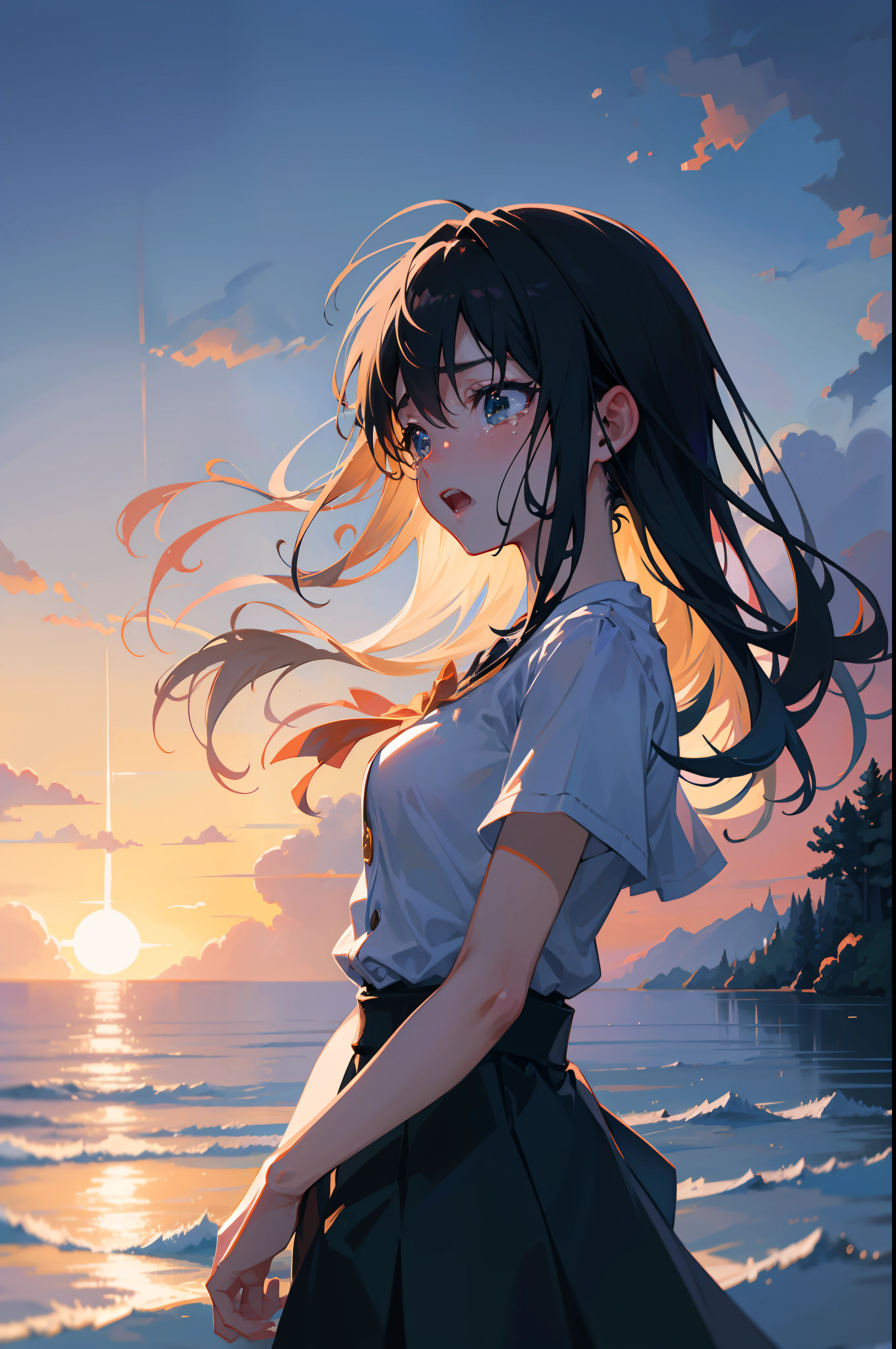 Create an exquisite illustration reminiscent of Makoto Shinkai's style, characterized by its superfine detail and top-tier quality.The girl is crying a lot, screaming,