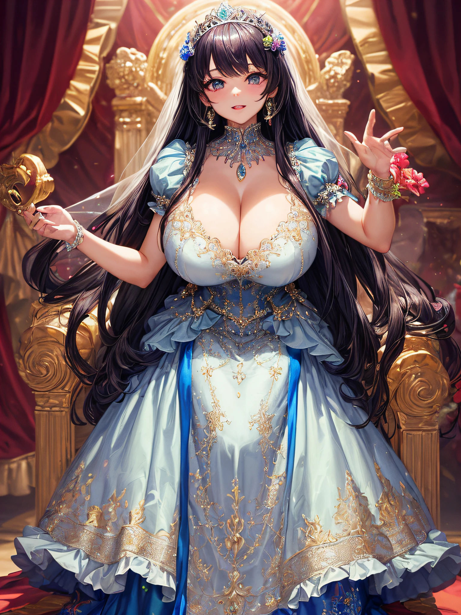 (masterpiece, best quality,extremely detailed:1.1),(moe anime art style:1.2),1girl,((full body)),((solo)), cute, kawaii,digital art,((1 bling-bling anime princess wearing beautiful embroidery and jeweled ruffled gorgeous princess ballgown with voluminous full length hoop skirt)),((crinoline)),long train,voluminous frills,(gorgeous embroidery and beautiful lace),((very gigantic boobs,skindentation)),cleavage,shiny hair,(((very long straight hair))),((finely detailed face and eyes)),clear pupil,extremely gorgeousfull hair ornament,(bling-bling jeweled extremely gorgeousfull tiara),(bling-bling gorgeous gemstone jewelry),long veil,beautiful background,fantasy background,flowers,flower petals flowing,full body,((beautiful embroidery and jeweled ruffled gorgeous princess ballgown with voluminous full length hoop skirt))
