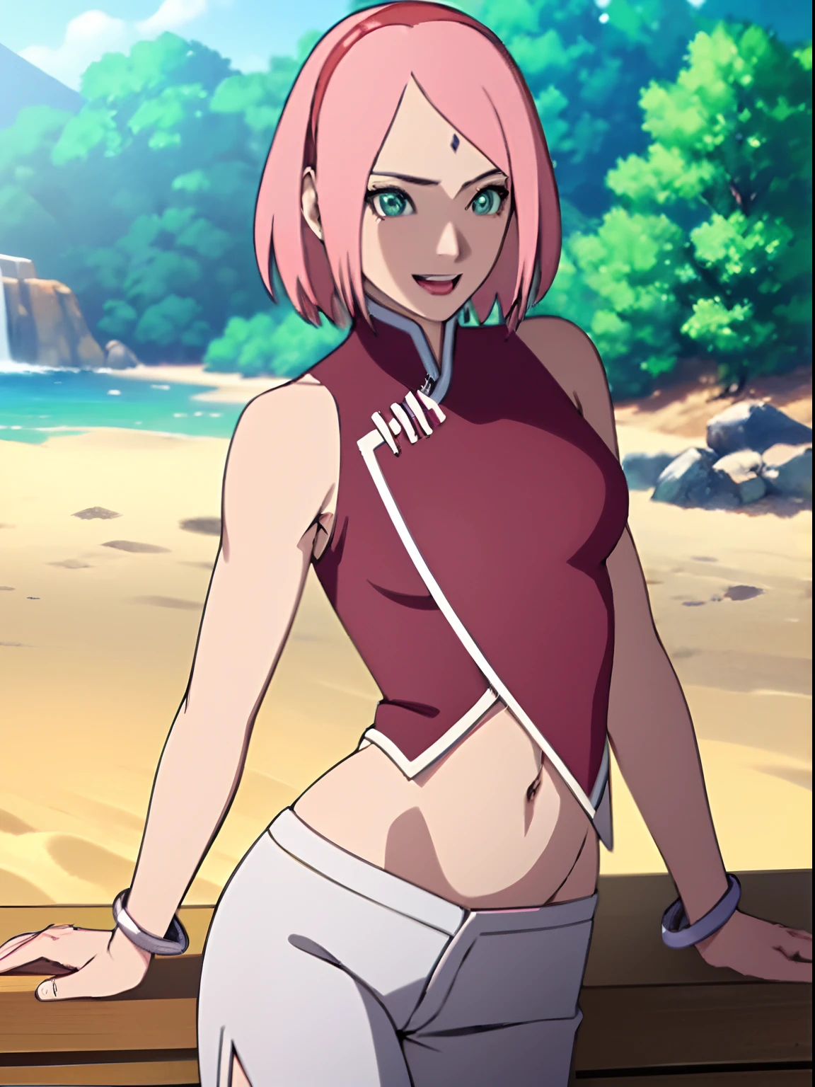 masterpiece, 4k, portrait, cowboy shot, (PLAYGROUND BACKGROUND), professional artwork, intricate details, colorful, digital blending, (ultra detailed body, ultra detail hair, ultra detail face), trending on pixiv, kind smile, best quality, anime style: 1.9, 1girl, hires, haruno sakura, (forehead mark, milf, red hairband, pale skin, (small breasts), short hair, ((red sleeveless dress), white pants), ((navel, belly button), slender body, slender belly, bracelet, pink hair, open mouth, big eyes), smile, beach, wind, floating hair, detailed arms, off-shoulders, broad shoulders, (((both) hands spreading to both sides)), fancy couch, relaxing, laying, talking, looking at the viewer))), (((flexing))), (((ultra detailed arms))))