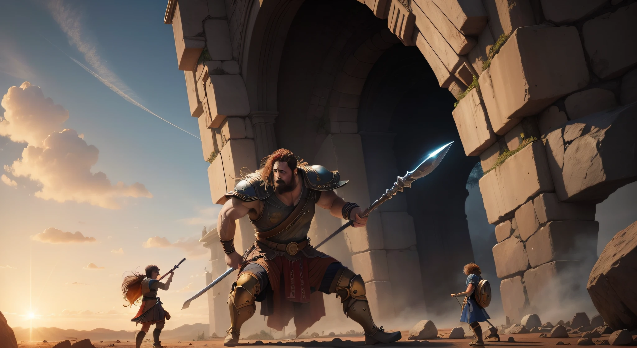 David bible boy fighting the giant Goliath.
image rich in detail, the giant catches davi with one hand, David is enraged with his sling.