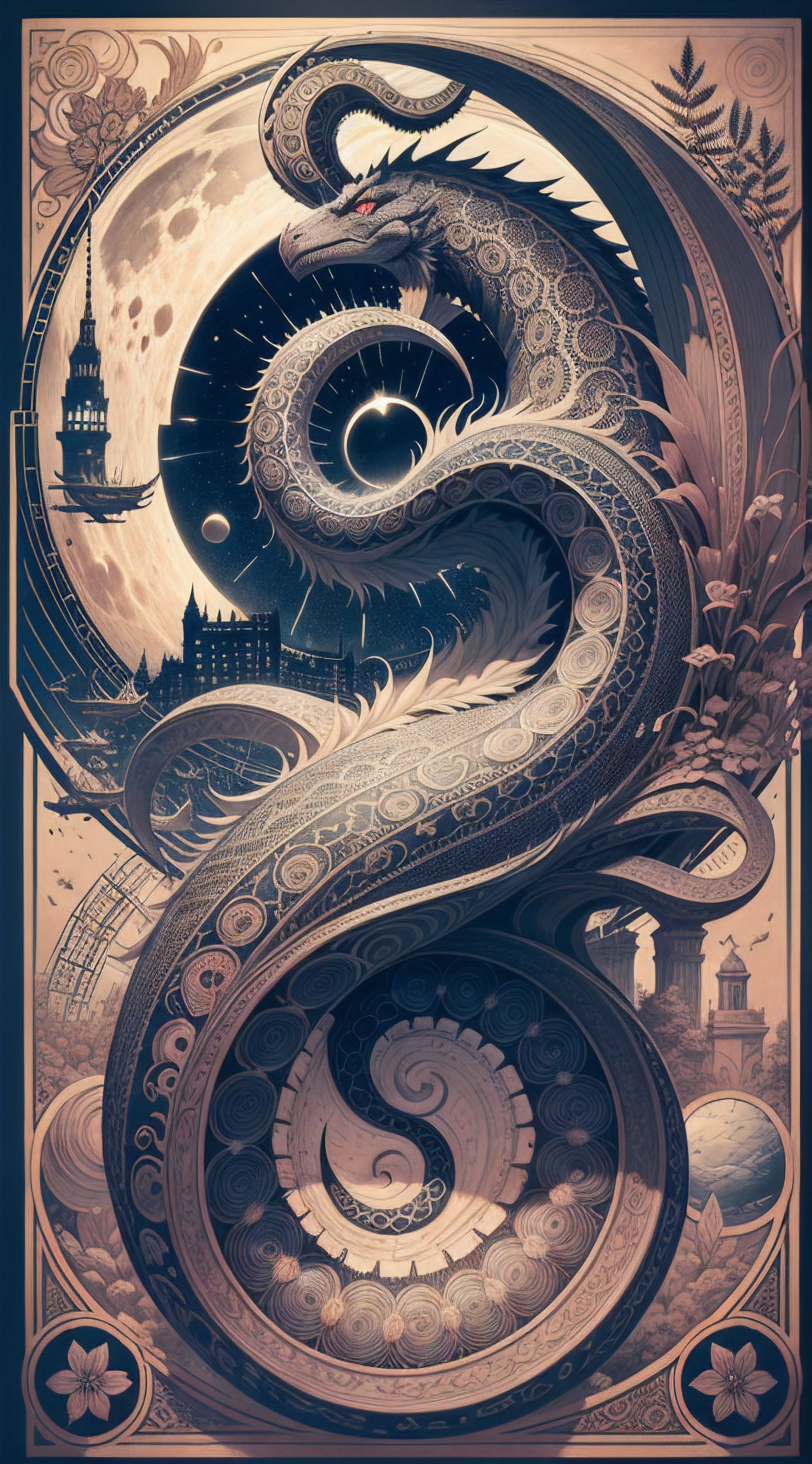 Ophidian, Fantasy realism, Moonrise color palette, Hyper-detailed illustration, Art Nouveau, Steampunk, Bloomcore, Ink on Parchment