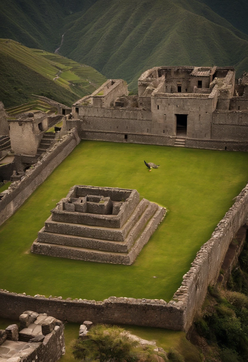 machu picchu in 15th century , warm colours , zoomed out , bird's eye view , incas tribe