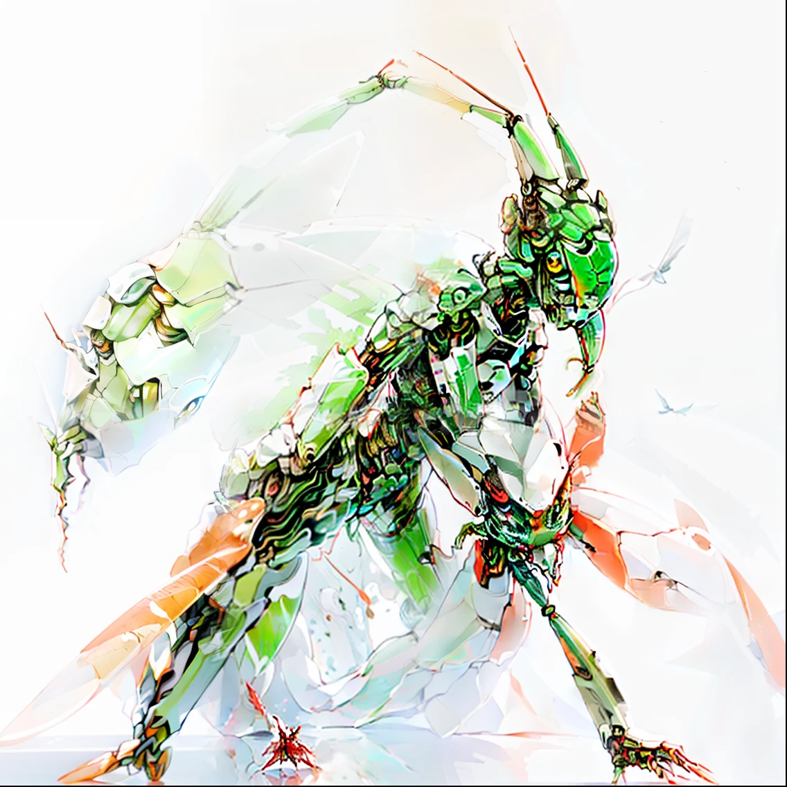 Close up of praying mantis isolated on white background, Features of the praying mantis, anthropomorphic praying mantis, mantis, Locust stick beetle, insectoid, Alien in the shape of a praying mantis, Giant insects, Predatory praying mantis, Weta, insects, praying mantis, Strange giant insects, A hyper-realistic, Full of insect robots