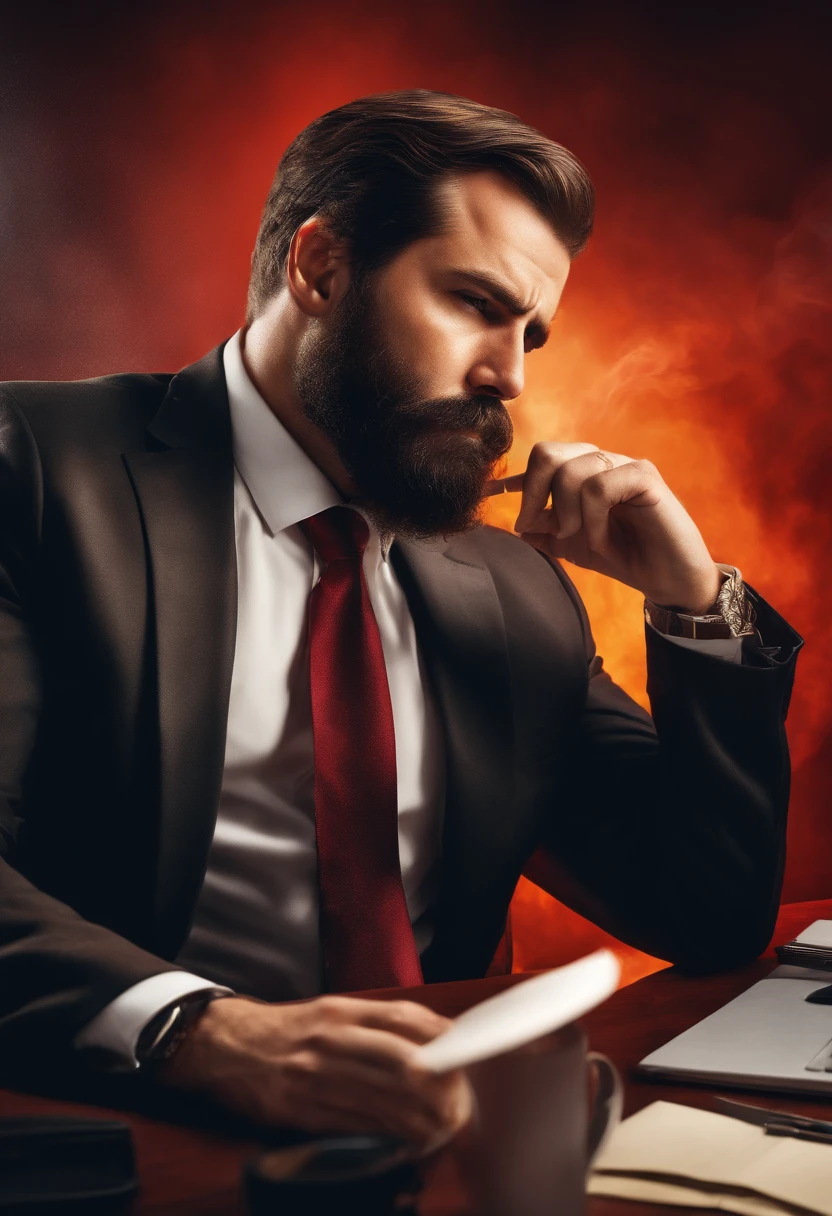 (a tired of hearing customer complaints,crying,frustrated,demanding customers),(oil painting),(detailed face,angry expression),highres,best quality,ultra-detailed,photorealistic,studio lighting,vivid colors,professional,frustrated man,big beard,bold character,manager in a business suit,harsh atmosphere,overwhelmed by work,chaotic office,disorganized desk,heavy workload,coffee stains,cigarette smoke,deadline looming,computer screen flickering),dramatic lighting,dominant red color palette
