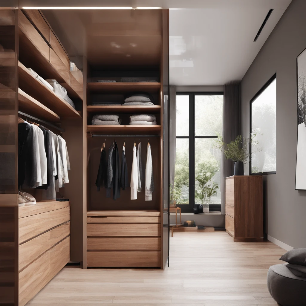 modern walk in closet, wood furniture