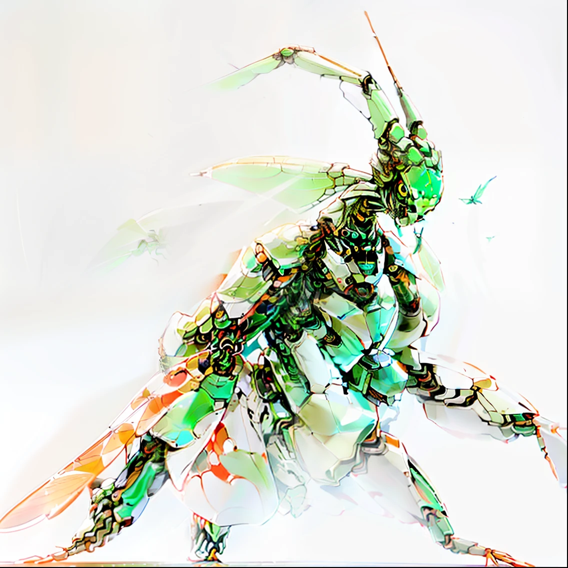 Close up of praying mantis isolated on white background, Features of the praying mantis, anthropomorphic praying mantis, mantis, Locust stick beetle, insectoid, Alien in the shape of a praying mantis, Giant insects, Predatory praying mantis, Weta, insects, praying mantis, Strange giant insects, A hyper-realistic, Full of insect robots