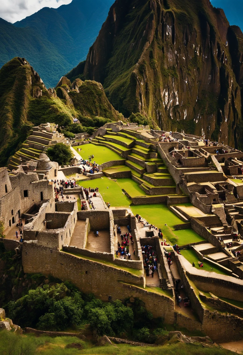 machu picchu during inca's era , warm colours , zoomed out , bird's eye view , high resolution .