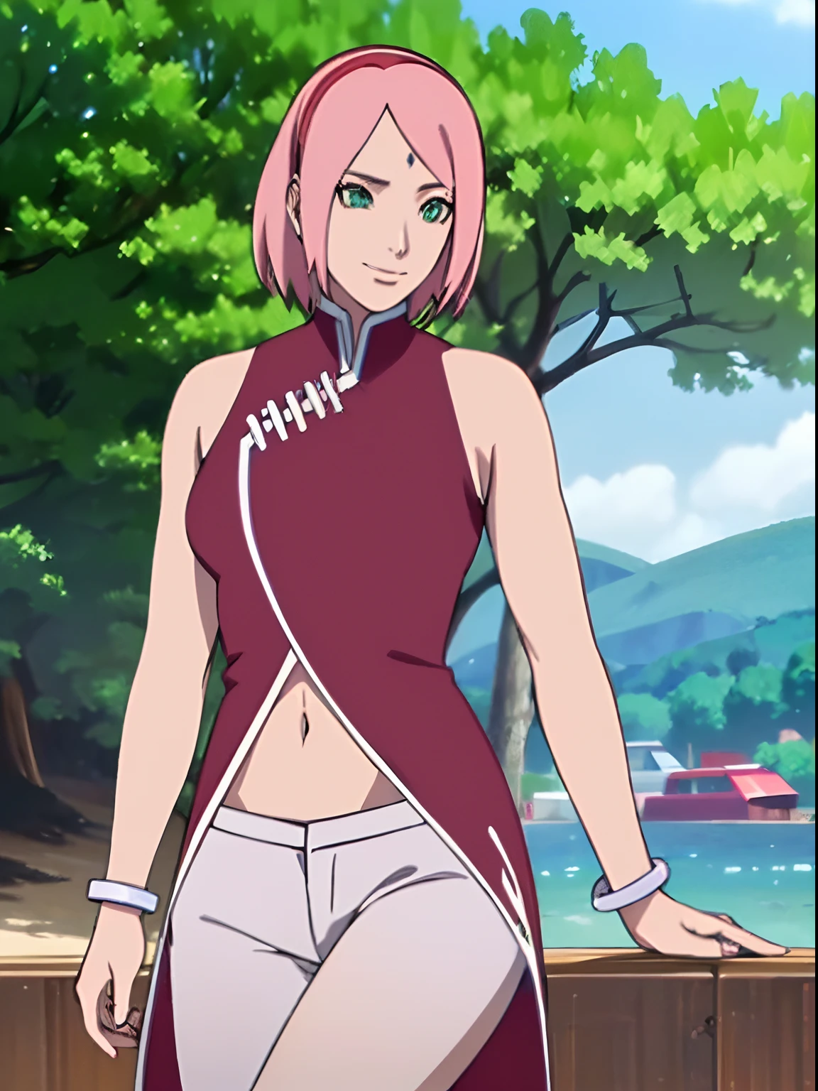 masterpiece, 4k, portrait, cowboy shot, (PLAYGROUND BACKGROUND), professional artwork, intricate details, colorful, digital blending, (ultra detailed body, ultra detail hair, ultra detail face), trending on pixiv, kind smile, best quality, anime style: 1.9, 1girl, hires, haruno sakura, (forehead mark, milf, red hairband, pale skin, (small breasts), short hair, ((red sleeveless dress), white pants), ((navel, belly button), slender body, slender belly, bracelet, pink hair, open mouth, big eyes), smile, beach, wind, floating hair, detailed arms, off-shoulders, broad shoulders, (((both) hands spreading to both sides)), fancy couch, relaxing, laying, talking, looking at the viewer))), (((flexing))), (((ultra detailed arms)))). (((curvy: 1.2)))