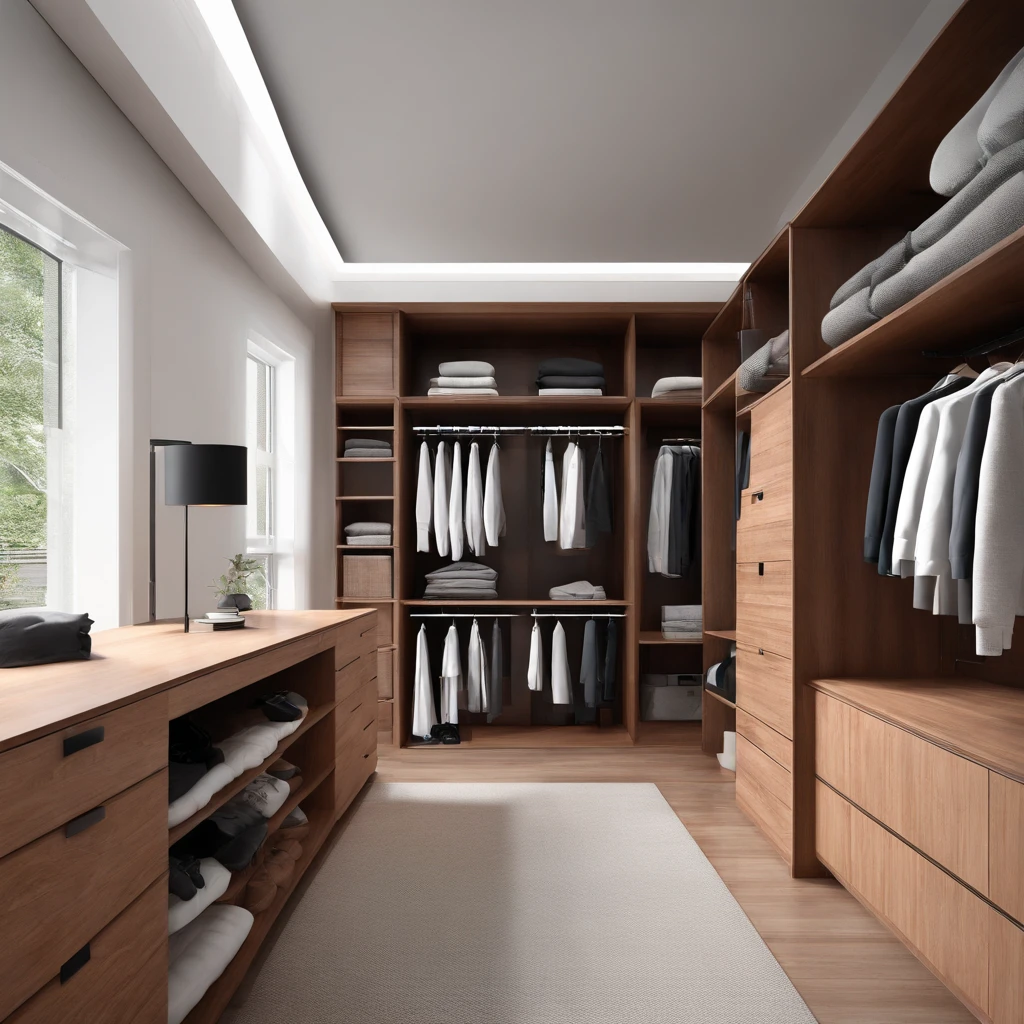 modern walk in closet, wood furniture, realistic