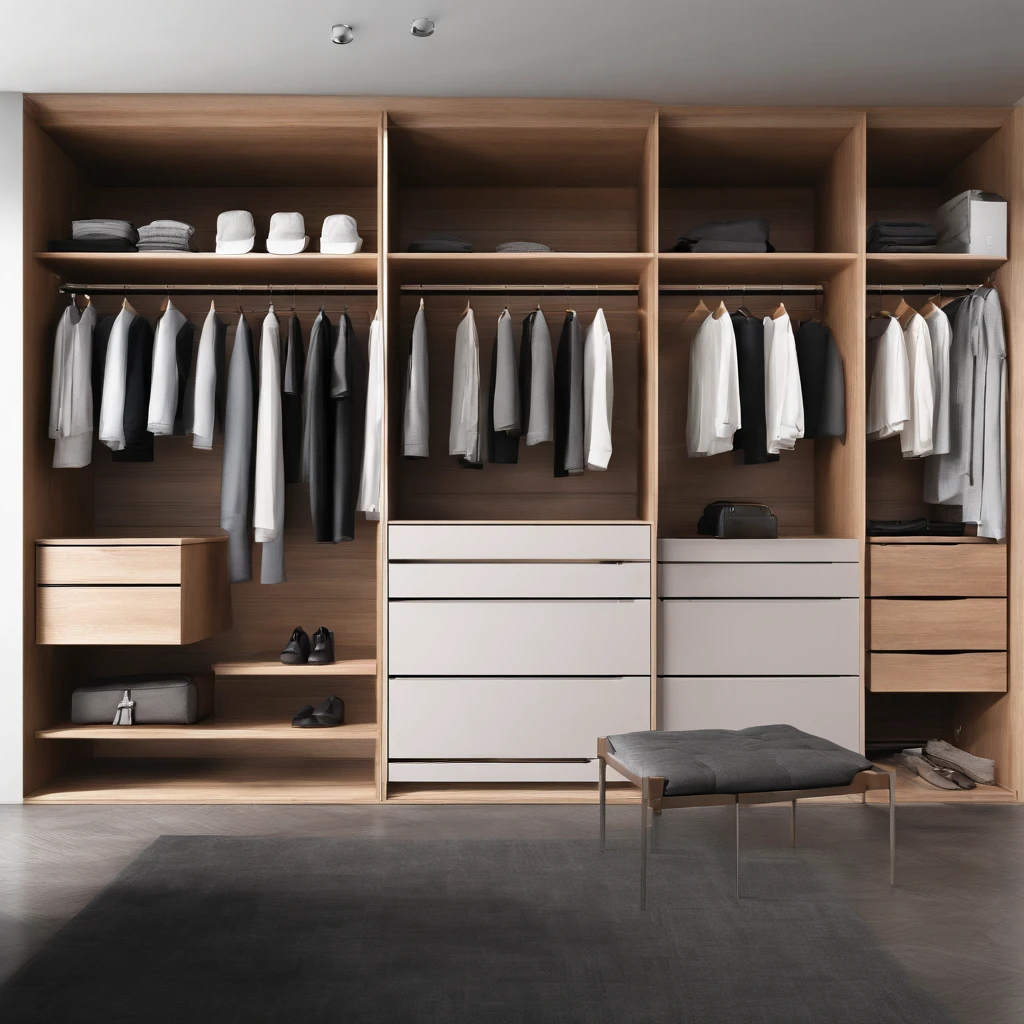 modern walk in closet, wood furniture, realistic