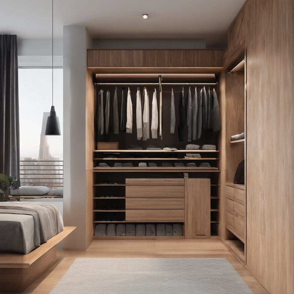 modern walk in closet, wood furniture, realistic
