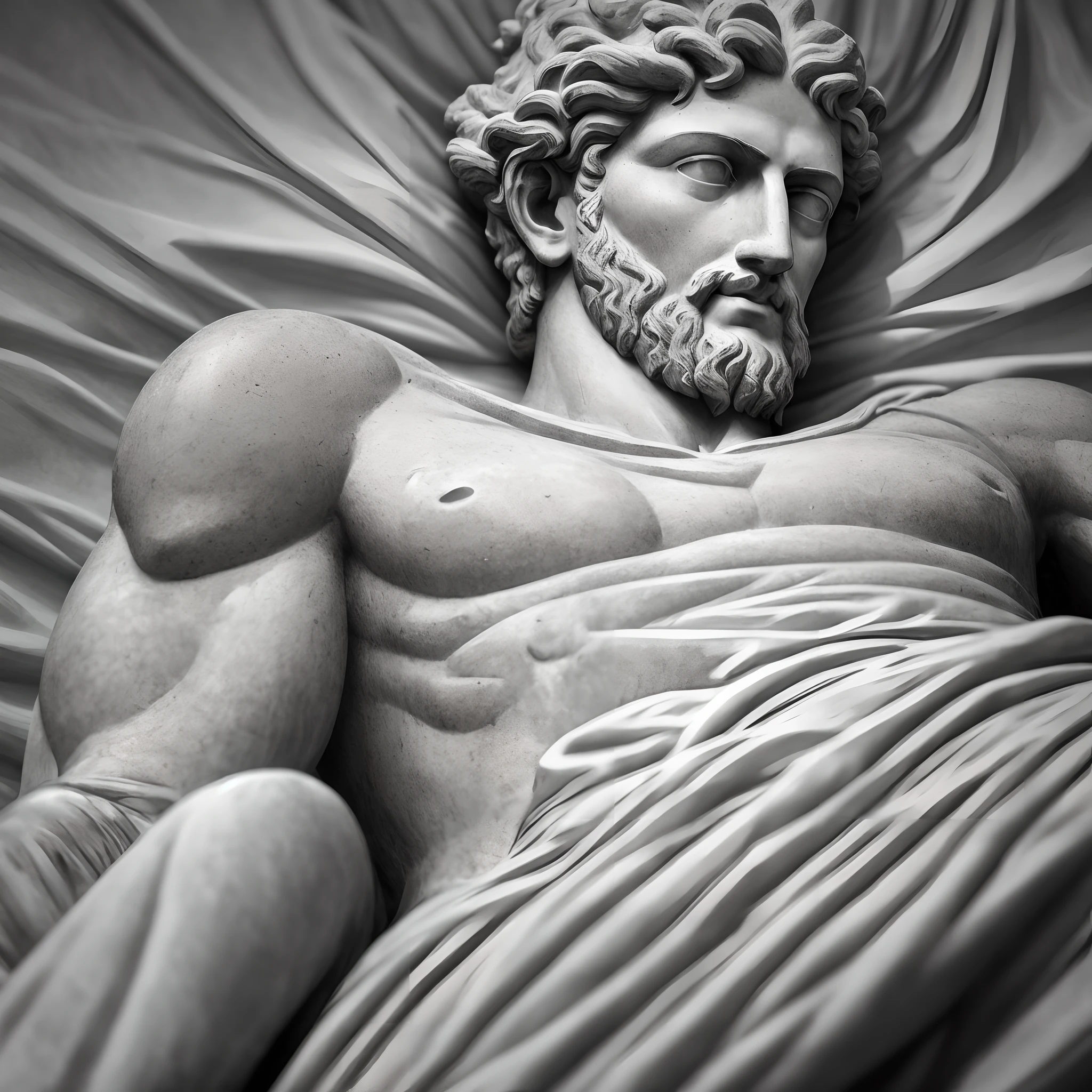 a portrait statue of the stoic Marcus Aurelius in black and white 4K,Olhando para a frente com um corpo forte super realista , being him lying under sheets 1920x1080 photo wallpaper