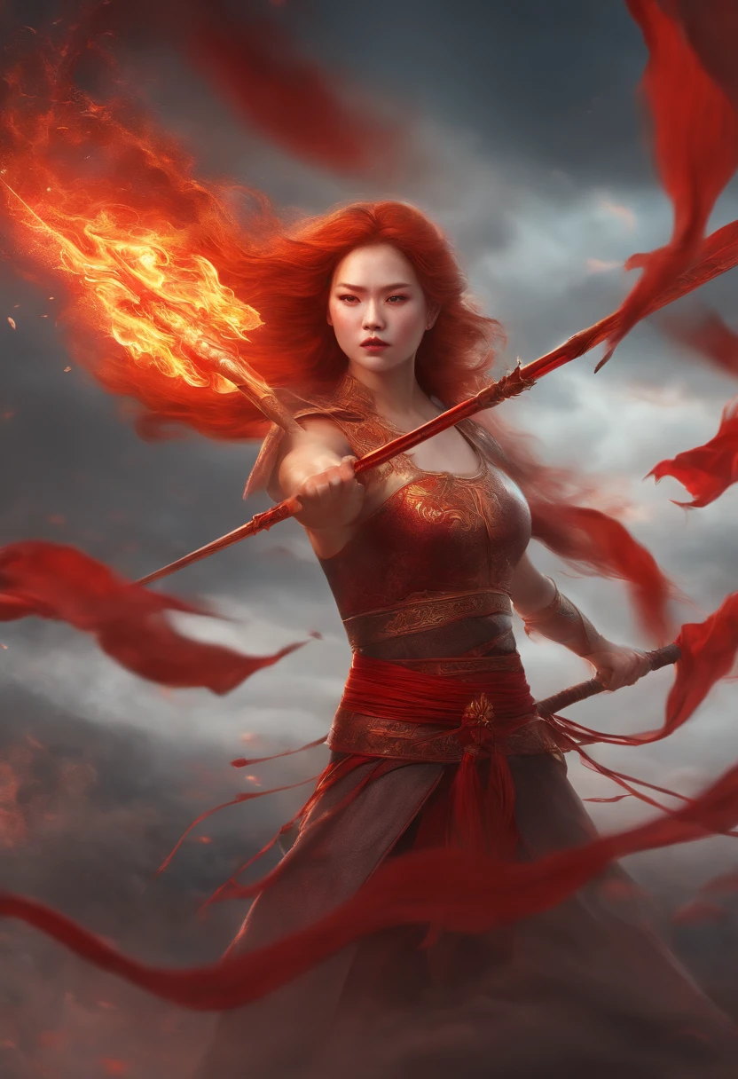 1girl, blood on face, angry, shiny red eyes, red hairs, holding spear, (flying), chinese mythology,cloudy, detailed sky, abstract background, (flame_surge_style:0.5)