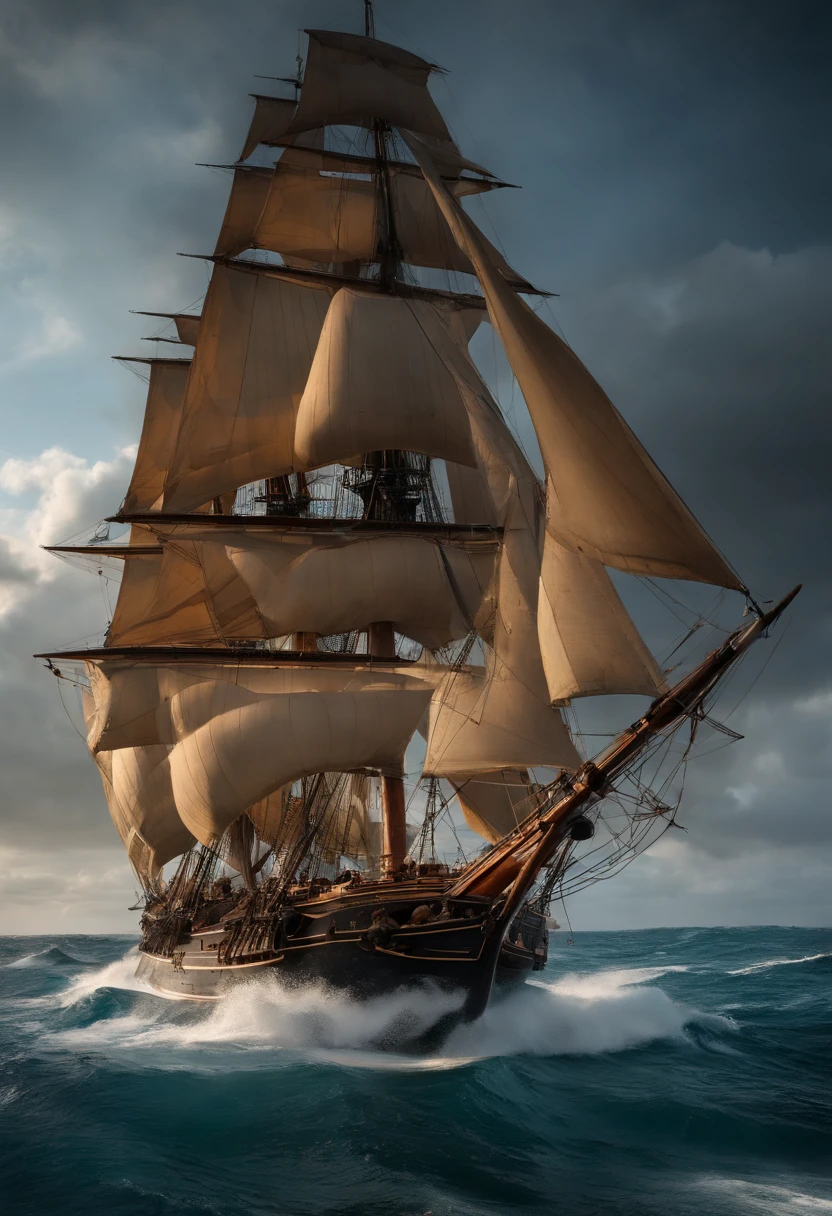 Edward Teach sailing in Queen Ann Revenge , ultra realistic , bombardment scene , atlantic ocean .
